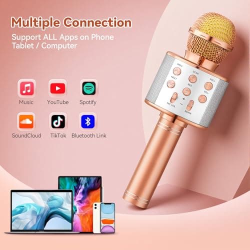 Warmiehomy Kids Karaoke Machine, Portable Microphone Birthday Gifts for 4 5 6 Year Old Girl, Bluetooth Karaokes Toys Home KTV Singing for Age 3-12 Children Presents, Rose Gold — view 3