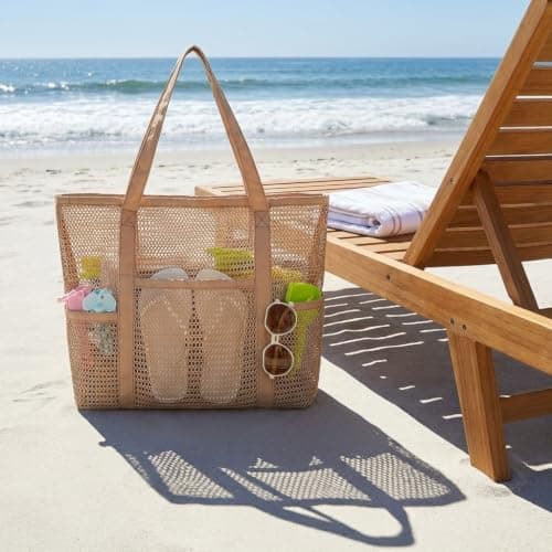 Satiskid Large Mesh Beach Tote Bag with 6 External Pockets, Breathable Nylon Mesh Swimming Bag, Multi-Pocket Sandproof Pool Travel Shoulder Bag for Swimming Pool Holiday — view 4