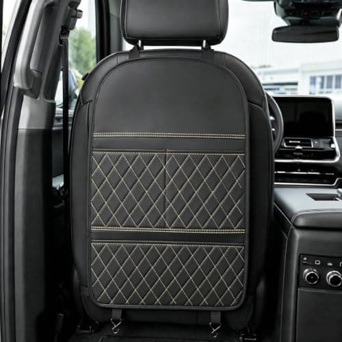 Minifactory 2Pcs Car Seat Back Anti Kick Mat PU Leather Waterproof Backrest Protector Pad with Storage Pockets Kick-Resistant Automotive Interior Accessories Universal Black (Gold Checkered Pattern) — view 6