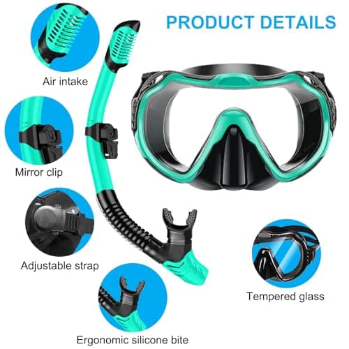 Snorkel Set Adults, Scuba Snorkelling Packages with Anti-Fog Panoramic View Swimming Goggles,Dry Snorkel Set Suitable for Snorkeling Diving Swimming (Green) — view 2