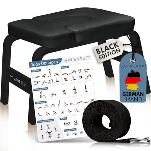 VALENESS® Yoga Headstand Stool - Premium Quality Yoga Stool Including Yoga Strap, Yoga Block & Exercise Poster - Yoga Chair for Handstand Exercise Made of Solid Natural Wood (Black Edition)