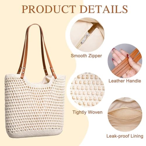 Toptime Crochet Beach Bags for Women, Summer Woven Beach Tote Bag with Zipper, Bohemian Large Crochet Handbags with Leather Handle, Lightweight Mesh Shoulder Bag for Travel Vacation Shopping (Beige) — view 5