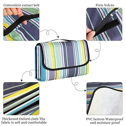 GUSUWU Picnic Blanket Waterproof Beach Rug 200×200cm Picnic Mat Washable Lightweight With Handle Blue Vertical Stripes Suitable for Hiking Travel Outdoor Camping, Park — view 4