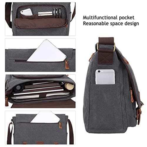 S-ZONE Men's Messenger Bag Crossbody Shoulder 14-17.3Inch Laptop Vintage Canvas Briefcase Satchel for Work School Traveling Daily Use Multiple Pocket — view 5