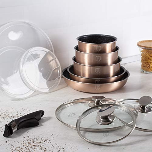 12 Pcs Colorful Space Saving Cookware Frying Pan Sauce Pan Casserole Pot Set Induction Lid Handles (Rose Gold) — view 3