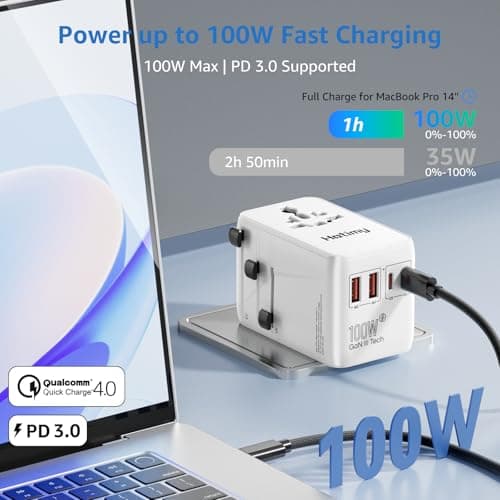 100W GaN Universal Travel Adapter Worldwide, International Travel Plug Adapter with 2PD USB-C & 2QC USB-A, All in One Universal Plug Adapter with Dual 10A Fuses for Laptops, Tablets, Phones — view 2