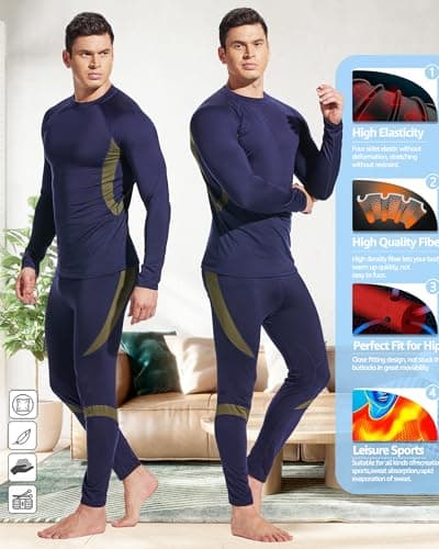 UNIQUEBELLA Thermal Underwear Men Set Long Sleeve Tops Long Johns Thermal Base Layer Bottom Fleece Lined Quick Drying for Workout Skiing Running Hiking, Blue 1, L — view 6