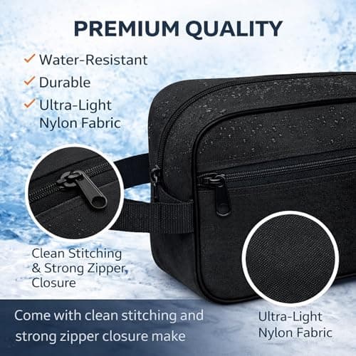 Water-Resistant Toiletry Bag for Men & Women - Lightweight Travel Wash Bag with Multiple Compartments, Compact Dopp Kit Cosmetic Organizer, Durable Nylon Shaving & Makeup Storage Case (Black) — view 3