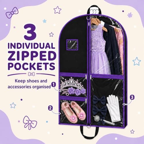 Costume Garment Bag, 100 × 60 × 8 cm Dress Bag with 3 Zipped PVC Pockets, Foldable Suit Bag & Dress Cover for Dance Costumes, Travel, Competitions, Kids and Adults, 1 Pack — view 6