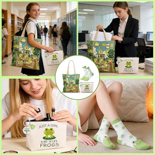 CYGMRFH 4Pcs Frog Lover Gifts for Women – Canvas Tote Bag, Makeup Pouch & Keychain, Just a Girl Who Loves Frog Sock, Reusable Shopping Shoulder Bag Set for Women Work Travel Birthday Gift — view 2