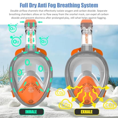 HINATAA 180°Full Face Snorkel Mask,Double Floating Ball Design Anti-Leak Free Breathing,Full Dry Anti Fog Breathing System Snorkeling Mask,Professional Snorkeling Set (Orange, S/M) — view 3