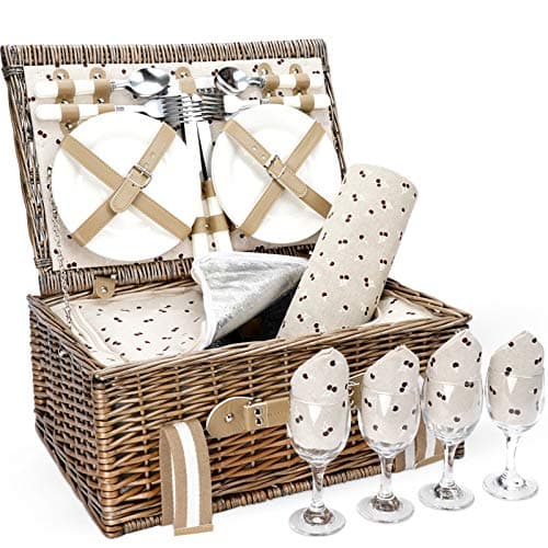 VIREO GARDEN Picnic Basket for 4 Person with Large Insulated Cooler Bag