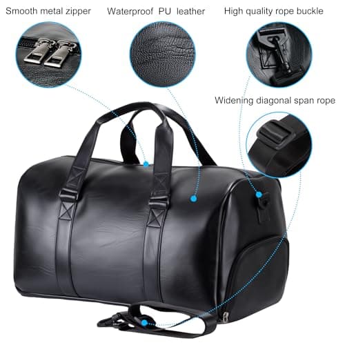 Travel Duffel Bag with Shoe Compartment, 35L Faux Leather Weekender Overnight Bag, Compact Carry On Travel Tote Gym Bag for Men and Women, Waterproof, Black Duffel Bag — view 6