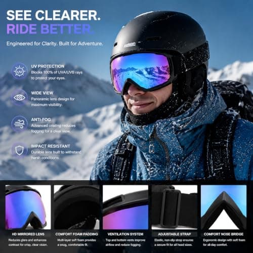 KUBDPQOR Ski Goggles with OTG Glasses Insert, HD Wide Vision Snow Goggles for Men & Women, Anti-Wind Dustproof Adjustable Goggles for Skiing, Cycling, Motocross & Outdoor Sports Black — view 6