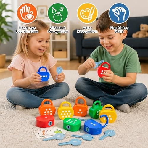 GEERAY Cause and Effect Toys for Toddlers 3 4 5, Montessori Lock & Key Set with 10 Apple-Shaped Locks, Keys & 20 Cards Numbers Matching & Counting, Preschool Learning Games Gifts — view 6