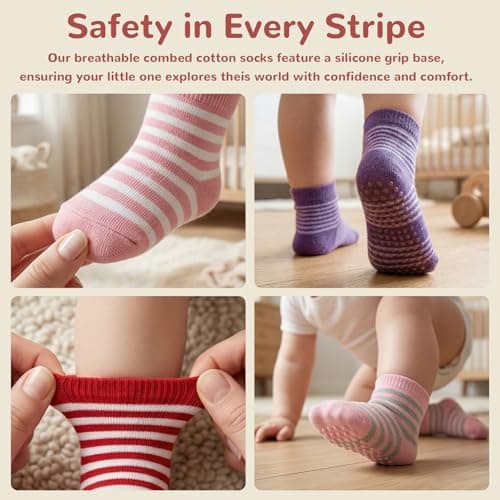 Admygo 6 Pairs Striped Toddler Grip Socks Size M for Girls 1-3 Years, Soft Cotton Baby Anti-Slip Walking Socks, Breathable Non-Slip Slipper Socks for Active Infants — view 6