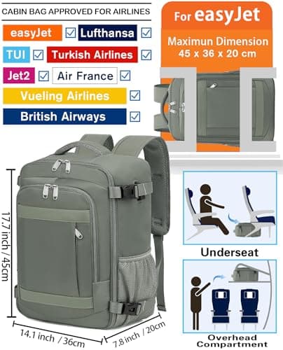 KLOSTAIN for Easyjet Cabin Bag 45x36x20 Travel Backpack Hand Luggage Carry-ons Bag Laptop Backpack Ruscksack for Airplanes Flight New Easyjet Underseat Cabin Bags Fit 14" Laptop Green — view 2
