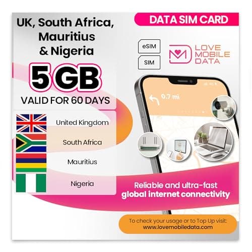 Love Mobile Data Only Sim Card - International Multi-Network 4G/5G Prepaid Pay As You Go Data Sim for Mobile Phones, WiFi Routers & More, UK, Nigeria & Mauritius & South Africa - 5GB for 60 Days
