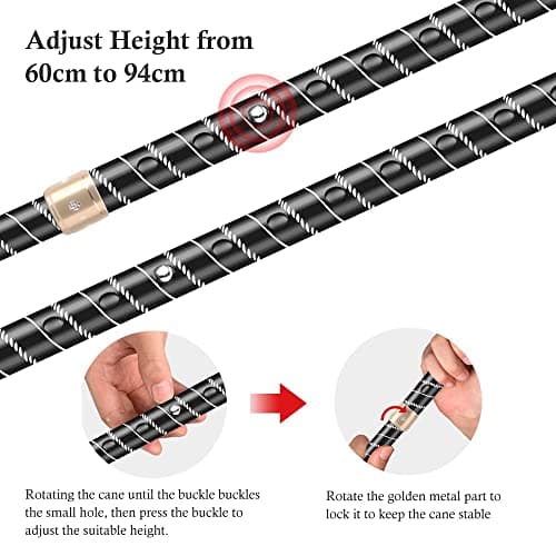 OOCOME Adjustable Walking Stick for Men Women Telescopic LED Walking Sticks Black Stand Adjustable Height 60cm-94cm Non-Slip Base — view 4