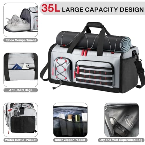 35L Gym Bag with Shoe Compartment, Dry & Wet Separation Overnight Bag-Gray — view 5