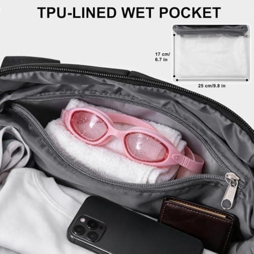 Vllcsla Sports Duffle Bag Small for Women with Wet Pocket, 45x20x27 cm, Womens Gym Tote Bag Duffle Bags, Waterproof Overnight Weekend Carry On Bags, Lightweight, for Gym/Swim/Beach (Black) — view 5