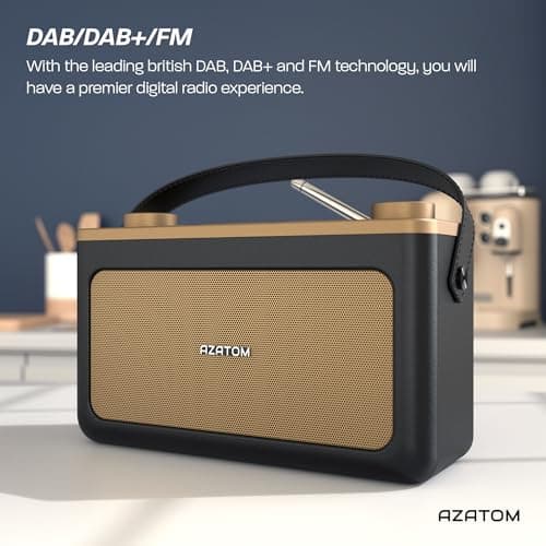 DAB/DAB+ & FM Portable Digital Radio | Leather Design | Bluetooth | Battery & Mains Powered (4x”C”) | Dual Alarms & Sleep Timer | Perfect for Home, Office or Outdoors | AZATOM Classic (Black/Gold) — view 2