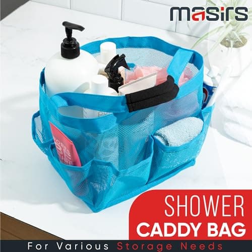 Masirs Shower Caddy Mesh - 9 Pocket Portable Bathroom Organizer Tote for Travel, Gym & Dorm - Collapsible Small Shower Caddy Bag to Hold Toiletries & Essentials (Blue) — view 2