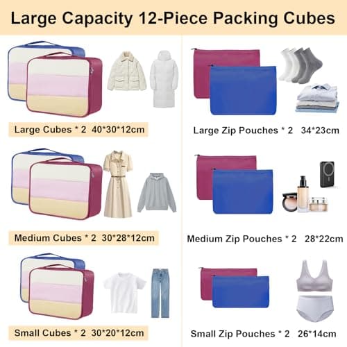 12 Piece Packing Cubes, Multi Coloured Packing Cubes for Suitcases, Mesh & Flat Zip Bags, Large Medium Small Sizes, Lightweight Travel Cubes for Luggage Storage (12, Navy Burgundy) — view 2