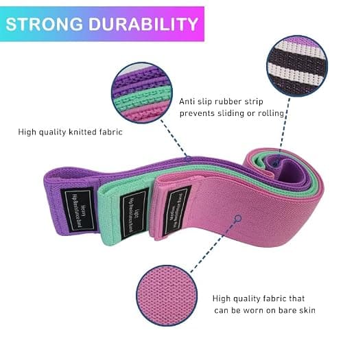 S.ROMZA Fabric Resistance Bands for Working Out Elastic Exercise Band Squats Fabric Exercise Bands for Legs and Butt Pilates,Yoga,Rehab Male and Female Fitness Resistance Bands (Green/Pink/Purple) — view 2