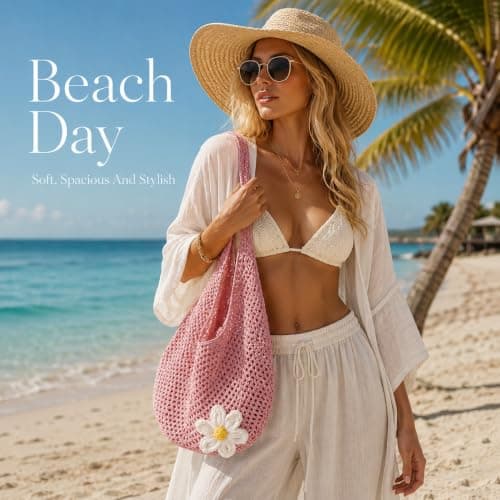 GEEKPC Woven Mesh Beach Tote - Women's Summer Holiday Shoulder Handbag with Daisy Applique, Lightweight Foldable Spacious Boho Accessory for Travel, Shopping, Beach Outings, and Daily Use (Pink) — view 3