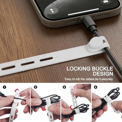 YOYUSH Silicone Cable Ties, 10 Pcs Adjustable Zip Ties with Lock Buckle, Reusable Cable Straps for Home Office Travel, Elastic Cord Organizer for Power Cords, USB Cables, Charging Cables(White) — view 3
