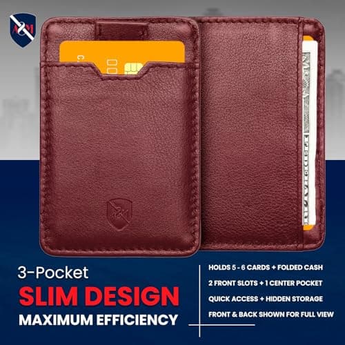 ALLEN & MATE 100% Leather Slim Minimalist Wallet for Men – RFID Blocking Credit Card Holder with Smart Strap – Holds 5 Cards – Compact Front Pocket Wallet (Maroon) — view 2