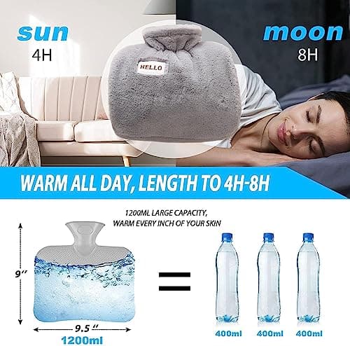 iEasey Hot Water Bottle with Fleece Cover UK 1.2L Winter Hand Warmer Muff Fluffy Rubber Hot Water Bag Massaging Hot Cold Therapy for Pain Relief, Neck and Shoulders, Menstrual Cramps, Feet Warmer — view 6