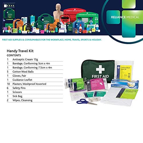 Reliance Medical - (REL416) Handy Travel First Aid Kit, Travel Pouch with, Bandages, Cotton Wool Balls, Gloves, Plasters, Safety Pins, Scissors, Slick Bag and Cleansing Wipes (Green) — view 2