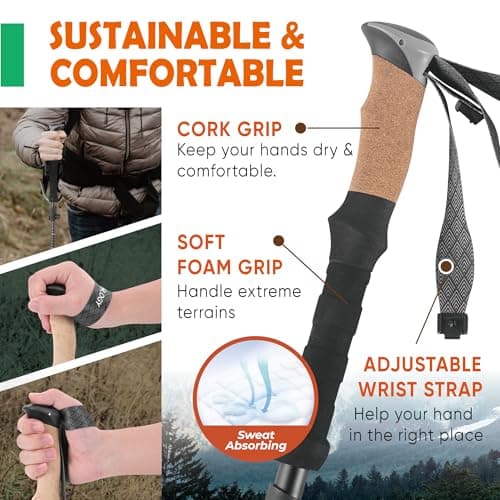 TREKOLOGY Trekking Poles – Collapsible Hiking Poles with Cork Handle - Ultralight Folding Walking Poles for Women & Men, Lightweight Aluminum Hiking Sticks & Walking Sticks (Black with Green) — view 2