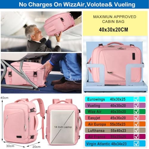 WENIG 40x30x20 Ryanair EasyJet Eurowings Wizz Air Cabin Bag Underseat 24L Travel Bag for Women Hand Luggage Backpack Carry-ons Cabin Size for Airplanes Flight Travel Ruscksack Fit 14 Inch Laptop,Pink — view 2