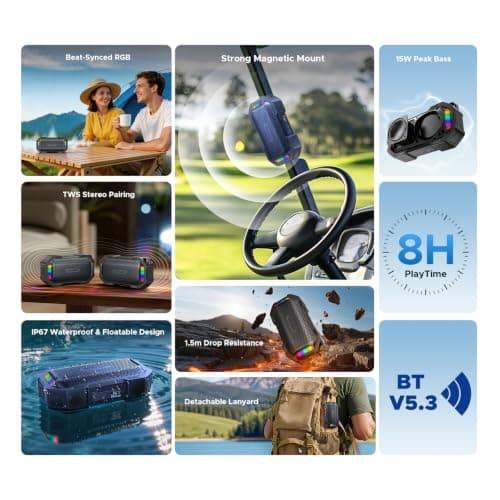 DOOGEEEco MagGrip Magnetic Portable Bluetooth Speaker, IP67 Waterproof Wireless Portable Speakers Bluetooth with RGB Light, 10W Loud Stereo TWS Pairing Bluetooth Speakers for Outdoor Kitchen - Black — view 3