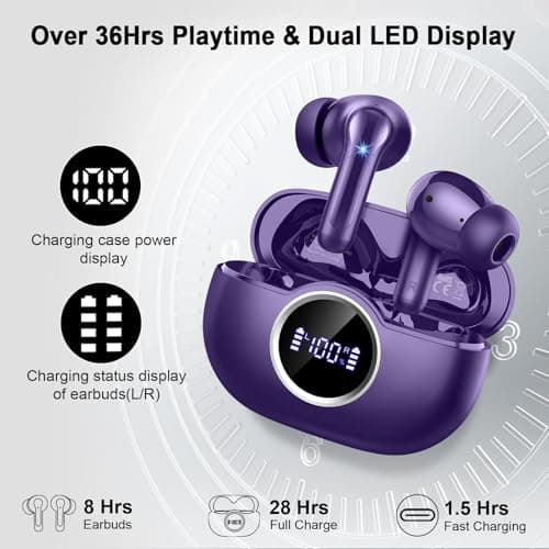 Wireless Earbuds, 2026 Bluetooth 5.4 Headphones in Ear with 6D Deep Bass Stereo Ear Buds, Wireless Headphones Noise Cancelling 4 ENC Mic, Bluetooth Earphones 36H Playtime/IP7 Waterproof/USB-C, Purple. — view 6