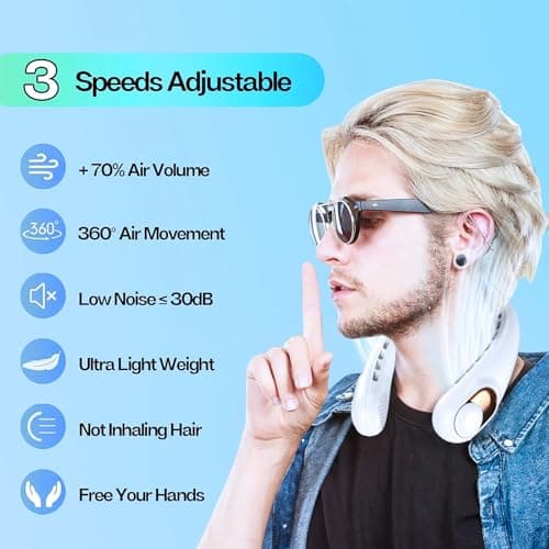 Neck Fan, Portable Bladeless Neck Fans with LED Display, 360° Airflow, 4000mAh Rechargeable Battery, Super Quiet Hands-Free Personal Wearable Fan for Indoor Outdoor, Snowy — view 3