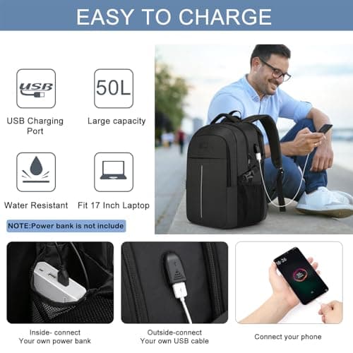 Extra Large Backpack for Men 50L,Water Resistant 17Inch Travel Laptop Work bag with USB Charging Port Anti Theft Big Business TSA Approved Computer Rucksack Women College School,Black — view 2