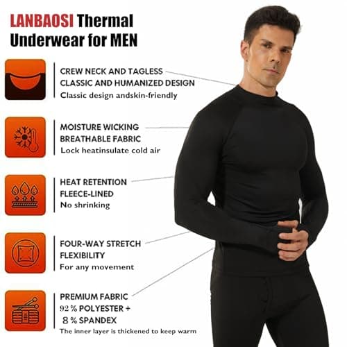 LANBAOSI 2 Pack Thermal Underwear for Men with Thumbholes Crewneck Long Sleeve Thermal Undershirt Men Base Layer Cold Weather, Black*2, Medium — view 4