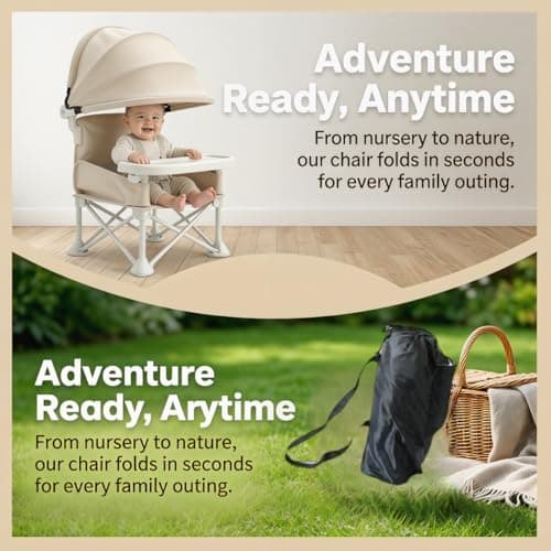 Foldable Baby Travel Seat Booster Feeding Chair for Children Toddlers Infants with Removable Tray & Detachable Sunshade – Toddler Dining Chair for Indoor/Outdoor, Travel, Feeding or Camping (Grey) — view 6