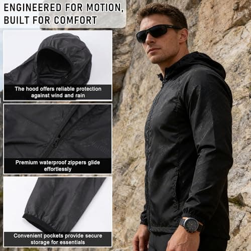 ADUDVLO Men's Lightweight Waterproof Jacket with Pockets, Packable Hooded Windproof Rain Jacket for Travel, Running & Hiking – Includes Carry Pouch (UK, Alpha, M, Regular, Regular, Black) — view 5
