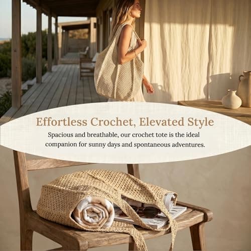 YANFALE Crochet Beach Bag, Holiday Beach Bags for Women, Mesh Beach Tote Bag, Foldable Summer Handbag, Hollow Woven Boho Shoulder Bags for Travel, Daily Work, Shopping (Beige) — view 6