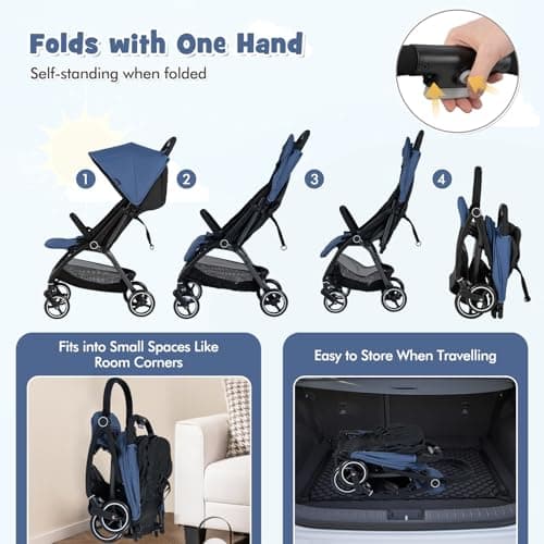 COSTWAY Baby Pushchair, One Hand Foldable Toddler Stroller with Adjustable Backrest & Canopy, 5-Point Harness, Storage Basket, Lightweight Travel Pram for Infants 0-36 Months (Navy) — view 4