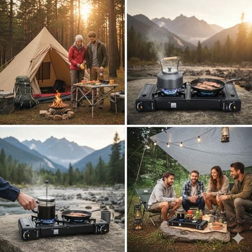 Taylor & Brown Portable Dual Burner Camping Stove, Black with 8 Butane Gas | EN417 Compliant Premium Double Gas Cooker | with Automatic Ignition & Heat Control | for Camping, BBQ & Outdoor Cooking — view 3