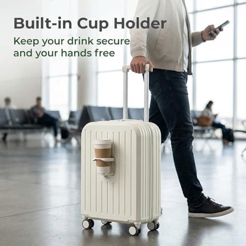 joukares 20 Inch Hard Shell Suitcase with USB Interface, Folding Cup Holder, Hanging Hook and Code Lock, Scratch Resistant Cabin Luggage with Silent 360° Spinner Wheels (White) — view 4