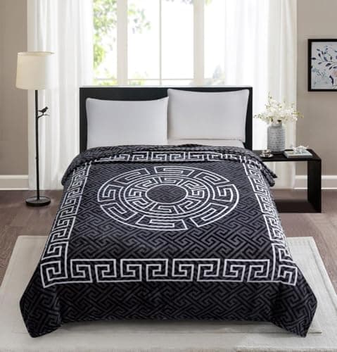 Flannel Throw with Greek Border Design - Plush Fleece for Ultimate Comfort and Warmth, For Nap, Home Office, Travel, Room Decor and perfect for New Year Gift (Black, Double: 150x200) — view 2