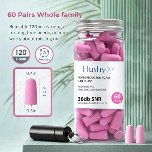 Hushy Premium Earplugs -120-Pack Foam Earplugs for Sleep, Noise Cancelling Ear Plugs with 38dB SNR, Ultra Soft Hypoallergenic Ear Plugs for Sleeping, Study & Travel (Dark Pink, One Size) — view 6
