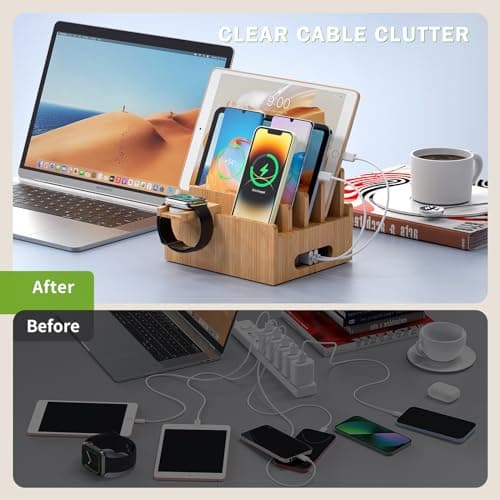 Bamboo Charging Station Desk Organizer, 4 Slot Device Organizer-Natural — view 5